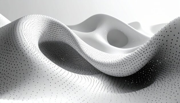 Fluid white parametric waves with intricate black perforations creating dynamic shadows and textured contours. A futuristic organic design.