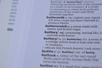 Obraz premium English Dictionary Page Close Up With The Word Meaning Of -buttery