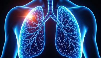 Breathtaking medical visualization of human lungs glowing with vibrant blue energy, revealing intricate details for healthcare innovation and respiratory research