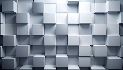 Textured 3D surface of white and light grey cubes arranged in an abstract geometric pattern, with varying depths and strong shadow play.