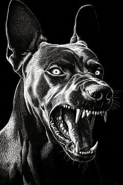 A vicious doberman barks fiercely from the shadows, revealing sharp teeth and mean eyes. The illustration captures the intensity of the moment in striking pointillism detail