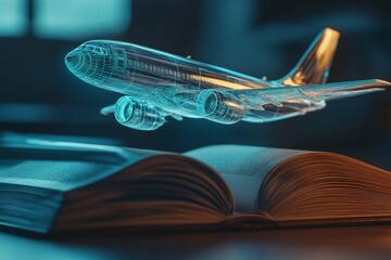 A semi-transparent airplane model rises from the pages of an open book, glowing softly. The scene blends advanced technology with the richness of knowledge, set in a warm, ambient office