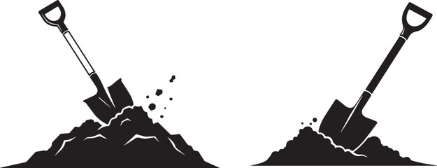 Silhouette of a shovel in dirt digging illustration vector, Print Shovel in soil silhouette icons, digging tools, construction symbols, black vector illustrations