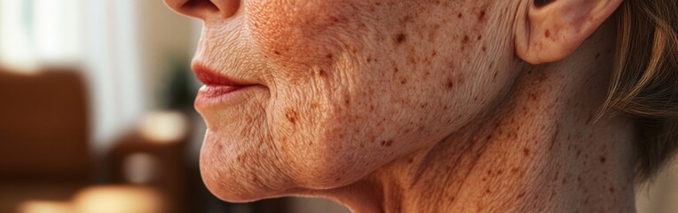 A soft close-up captures the lower face of an elderly woman, revealing the beauty of aging with sunspots and fine lines in a warm, inviting home environment