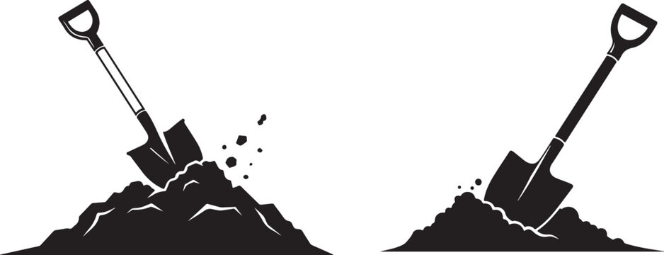 Silhouette of a shovel in dirt digging illustration vector, Print Shovel in soil silhouette icons, digging tools, construction symbols, black vector illustrations