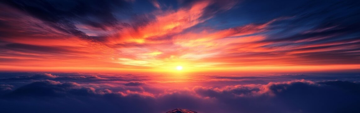 A breathtaking sunset unfolds from a mountain peak, where vibrant hues of orange and purple light up the sky. This serene moment represents hope and renewal at dusk - Powered by Adobe