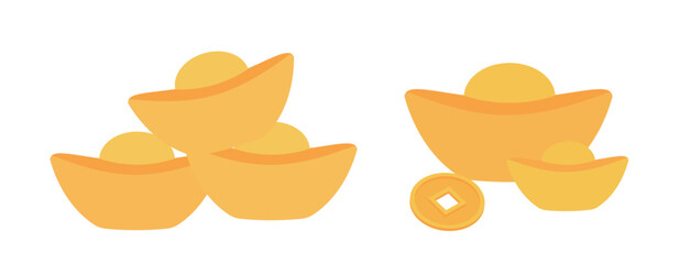 Chinese gold ingots and coins flat vector illustration set.
Gold Ingot yuanbao and coins icon element.
White background.