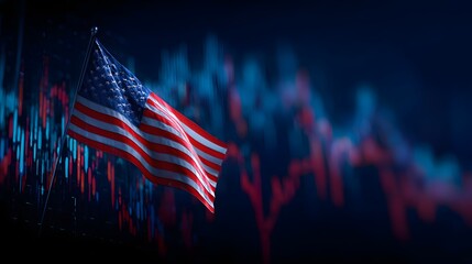 American Flag with Stock Market Chart Background.