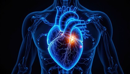 Stunning anatomical rendering of the human heart and vascular system glowing blue, ideal for medical education and healthcare marketing materials