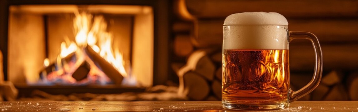 A frothy beer mug rests beside a crackling fireplace in a cozy winter cabin, surrounded by warm tones. This inviting setting encourages relaxation in the chilly atmosphere