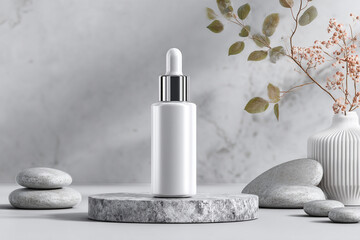 Fototapeta premium White dropper bottle sits on a natural stone podium surrounded by smooth grey stones a textured white vase and dried botanical elements against a subtle marble wall creating a serene product display