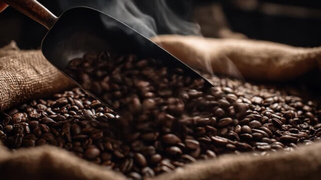 Rustic burlap sacks brim with glossy  roasted coffee beans; a metal scoop rests atop in sunlit glow
