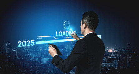 Visualizing the shift from 2025 to 2026. Progress bar symbolizing advancement, strategic foresight,...