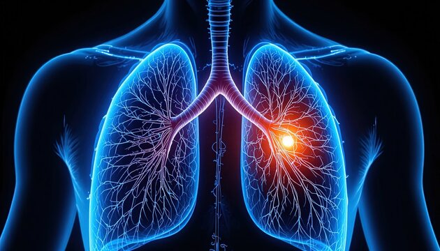 Stunning anatomical rendering of lungs showing potential health risks, disease, or infection, ideal for medical education and healthcare marketing materials