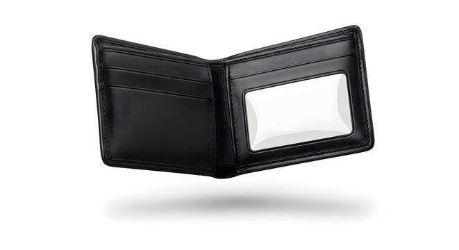 Minimalist Leather Wallet: An elegant, black leather wallet, open and empty, revealing its refined design and minimalist aesthetic, symbolizing financial freedom and smart investments.