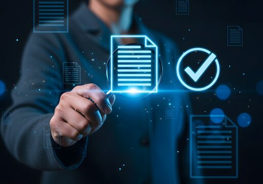 A person holding a magnifying glass over a digital document with a check mark icon nearby