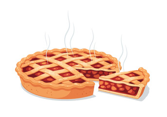 Delicious hot apple pie with a lattice crust and a tempting slice cut out, steaming fresh from the oven, a classic dessert perfect for any occasion