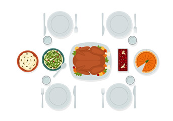 Festive Thanksgiving Table Spread with Holiday Food Overhead View