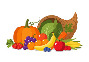 A vibrant illustration of a traditional cornucopia, the horn of plenty, overflowing with a bountiful autumn harvest of fresh fruits and vegetables