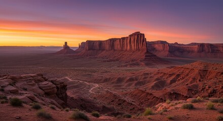 Towering sandstone formations dominate a vast desert landscape illuminated by a vibrant sunrise