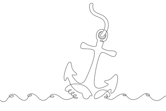 Continuous single line drawing ship's anchor is lowered into the water.Linear . One continuous line isolated minimalist illustration. Not AI.