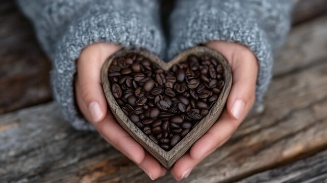 19Woman&rsquo;s hands in warm light forming a heart shape around roasted coffee beans on rustic planks, coffee stains and natural imperfections adding charm