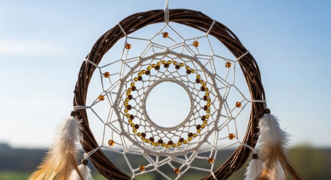 A handmade dreamcatcher with a woven twig hoop, an intricate white web, amber beads, and soft feathers hanging in the bright sunlight against a clear blue sky