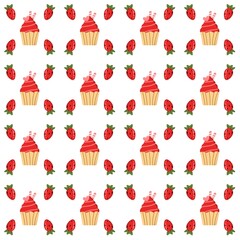 Strawberry cupcake seamless pattern. Doodle red cupcake pattern. Sweet Desserts Pattern background. Strawberry cupcake background