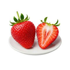 Vibrant whole and halved red strawberries with water droplets on a white plate against a transparent background, concept for fresh produce advertising