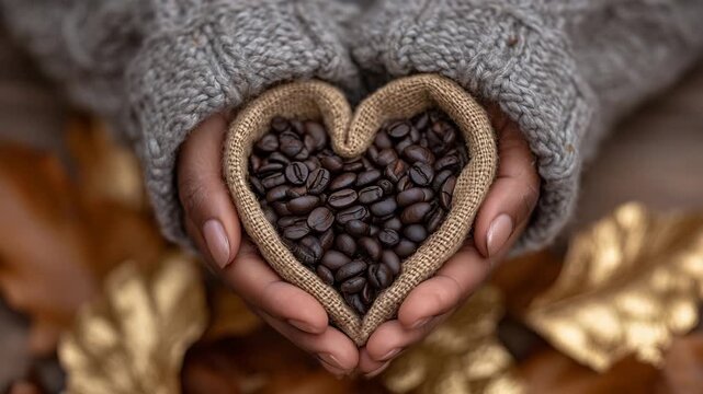 24Close-up detail of hands holding coffee beans in a heart shape, textured burlap and dried coffee leaves around, warm neutral tones evoking homely comfort