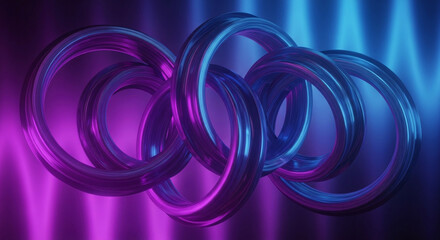 Abstract 3D rendering of interlocking metallic rings illuminated by vibrant pink and blue neon lights.