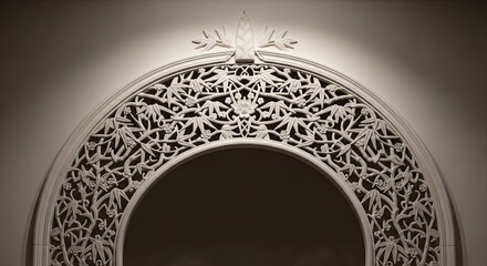 Intricate architectural detail of an arched window with floral pattern carving design