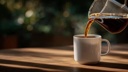 30Hand pouring aromatic black coffee from a glass pot into a white mug, rustic wooden background and warm sunlight creating a serene café-like atmosphere - Powered by Adobe