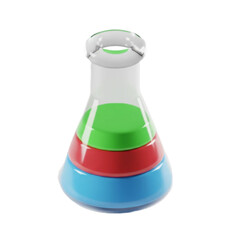 Vivid 3D illustration of a laboratory flask with distinct blue, red, and green layered liquids, symbolizing scientific analysis, chemical experimentation, and compound separation in education