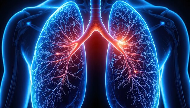 Breathtaking 3D rendering of human lungs with glowing veins, ideal for medical presentations, educational materials, and healthcare marketing campaigns