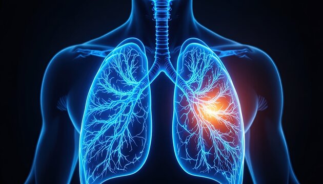 Detailed lung anatomy with glowing infection zone for medical research and educational resources, showing respiratory illness and disease in vibrant detail - Powered by Adobe
