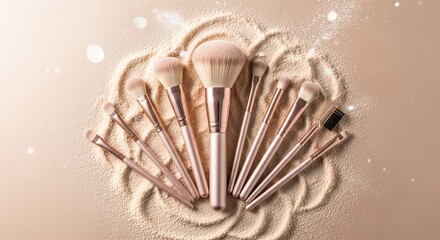 Elegant makeup brushes arranged on a shimmering beige surface with bokeh lights