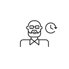 Man wearing glasses and clock. Daily routine, timeless tracking and work schedules. Pixel perfect, editable stroke vector icon