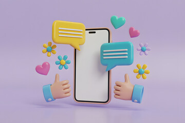 3D Illustration of a Smartphone with Social Media Icons and Chat Bubbles