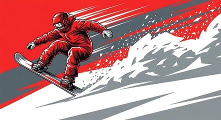 Red Snowboarder Mid Air Dynamic Motion Graphic snowboarding