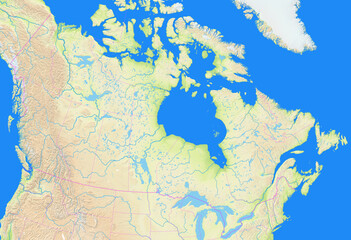 Map of Canada showing the region with relief representation, rivers, lakes and administrative boundaries. No labels at all.
