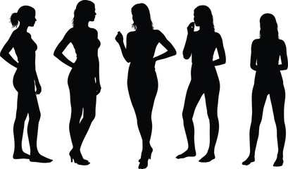 Human silhouette collection, five standing poses with varied gestures and postures, abstract shadow figures, body language reference, lifestyle design set
