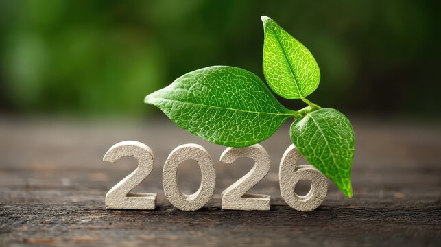 Celebrating New Year 2026 with fresh green leaves