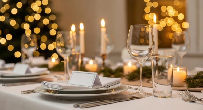 Elegant holiday table setting with a blank place card, wine glasses, and burning candles creating a warm, festive atmosphere with glowing lights