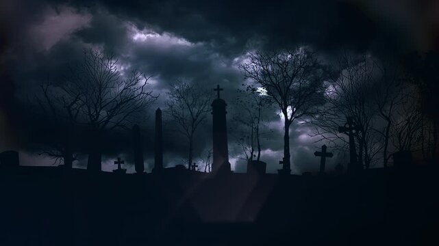 dark graveyard with fog and thunder, eerie burial ground with shadows and cloudy skies