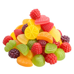 Colorful gummy candies in assorted fruit shapes piled high on a white background