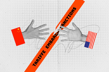 Sketch template design collage of two hand hold strip banner tariffe embargo sanctions decline market economic policy inflation business