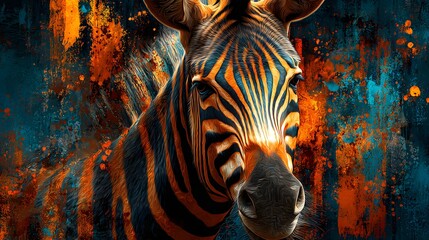 Close-up of zebra with fiery orange stripes on abstract blue splatter background, perfect for creative posters, animal-themed artwork