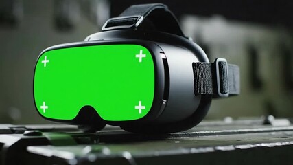 A VR headset with a green screen overlay, perfect for virtual reality experiences and digital content creation, on a detailed surface - Powered by Adobe