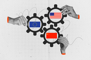 Template collage design trend artwork 3D sketch of three hand hold gear synergy trade war financial budget economy flag usa china europe
